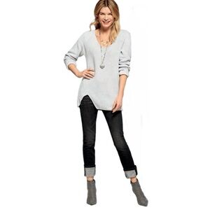 Cabi Deep V-Neck Pullover Ribbed Knit Sweater Side Zipped Gray Size S